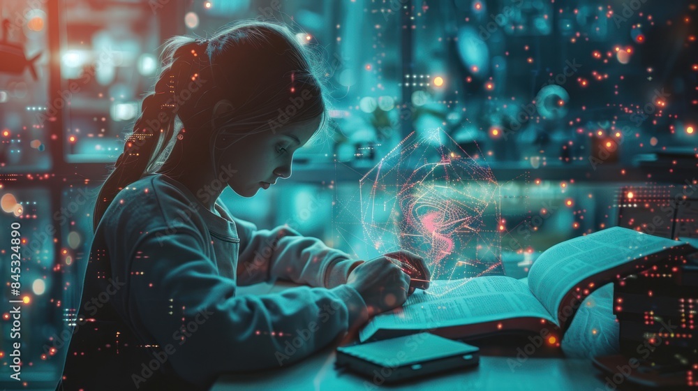 Obraz premium A girl sitting in front of the table reading a book Think about the science of physics. Graphic architecture covers the head