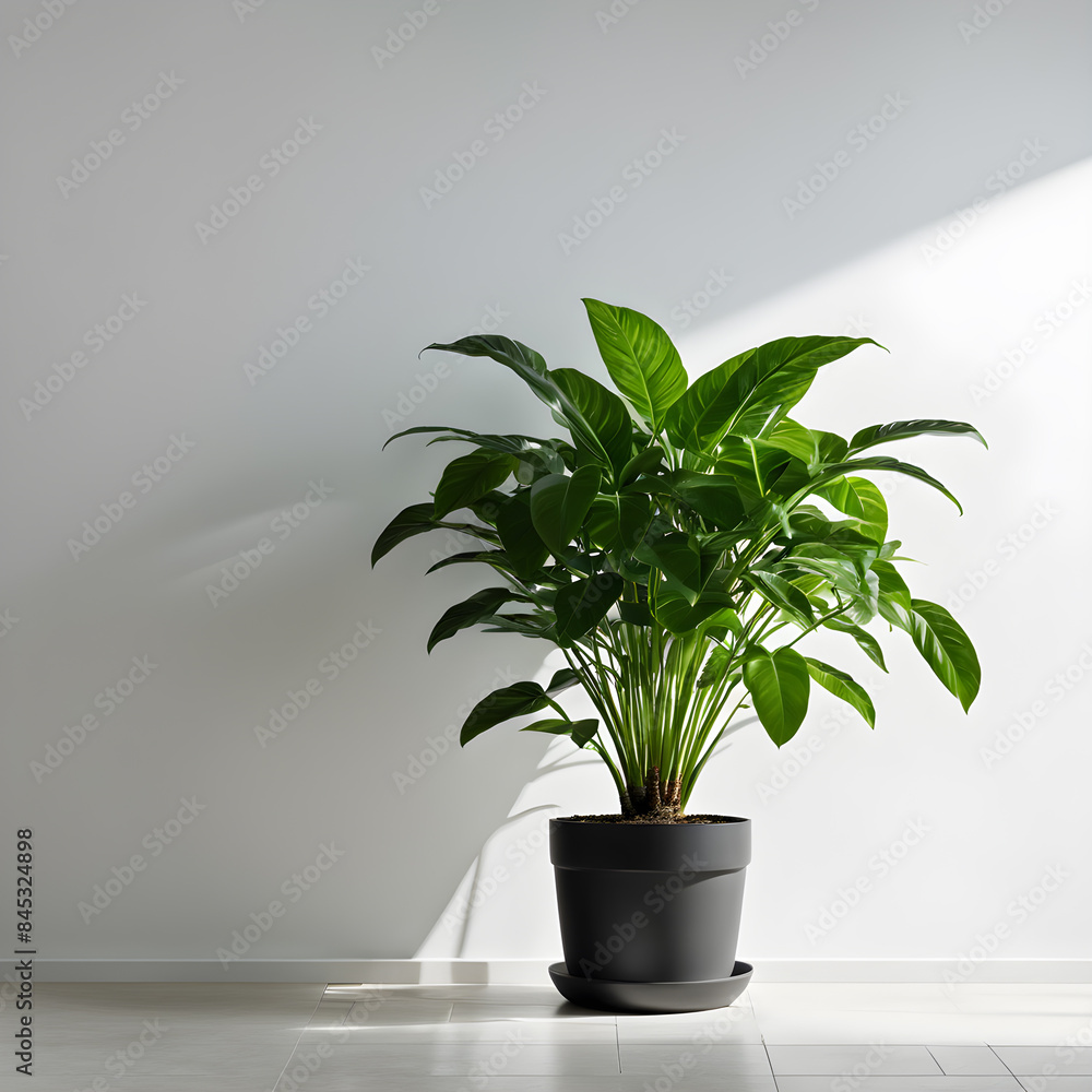 a plant in a black pot is sitting on a floor. a plant in a black pot is sitting on a floor.