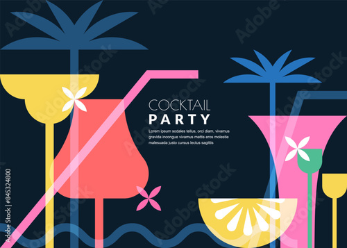 Night beach cocktails party banner, poster, flyer template. Summer tropical bar vector geometric illustration. Abstract color block flat background for alcohol list menu design