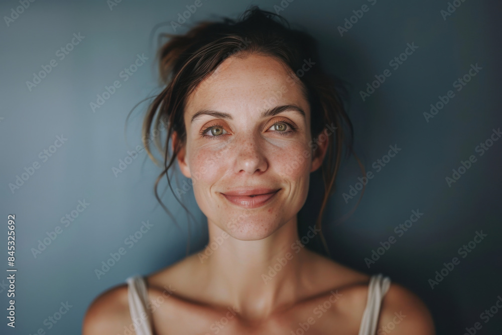 A close up portrait of a woman with a subtle smile A close up portrait of a woman with a subtle smile