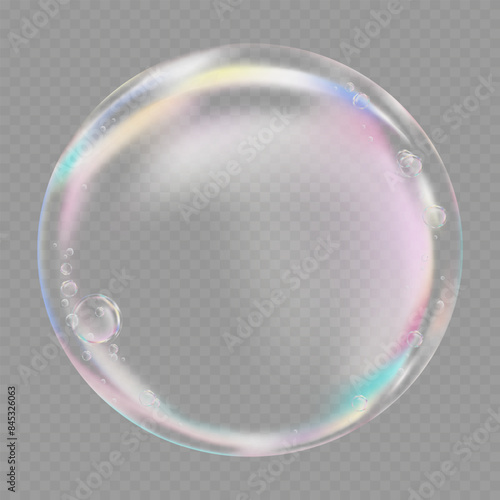 Rainbow bubble isolated on transparent background. Realistic 3D vector illustration of multicolour soap foam balls or Shampoo with reflections.Transparency flying Single Clear shiny Rain drop
