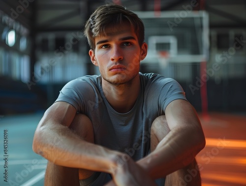 Young male athlete feels the anguish of defeat after a sports match sitting alone in a gym photo