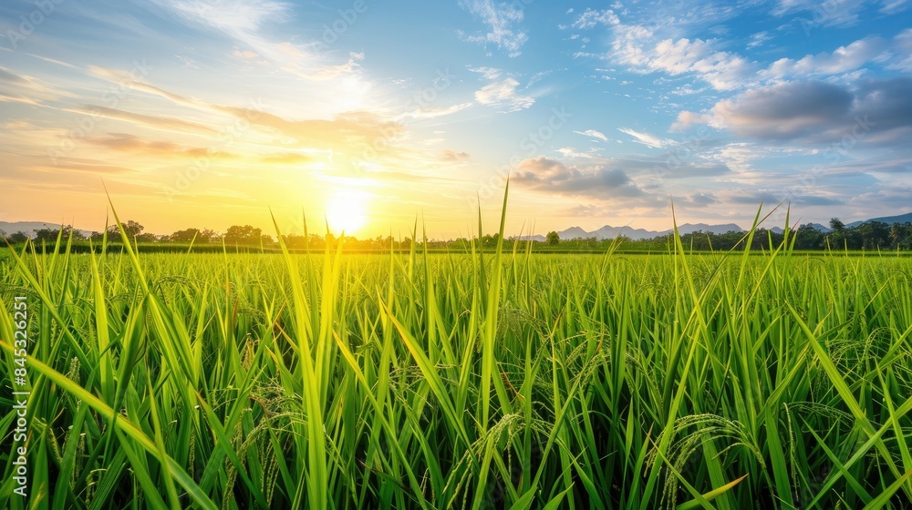 Captivating sunset over paddy field with blue sky in summer Nature scenery with empty space Captivating sunset over paddy field with blue sky in summer Nature scenery with empty space