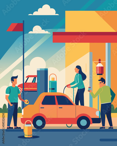 Citizens filling up their cars with gas grumbling about the continuous increase in fuel prices and its impact on their budgets.. Vector illustration