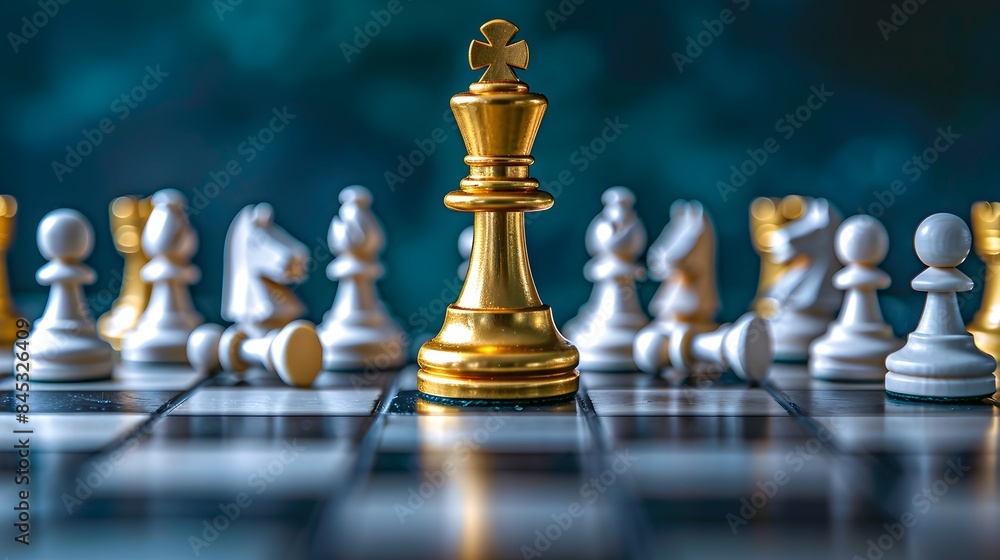 Challenges in Leadership A Golden King Chess Piece Amid Toppling White Pawns Challenges in Leadership A Golden King Chess Piece Amid Toppling White Pawns