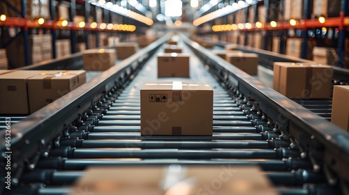 Efficient e commerce logistics in a modern distribution warehouse with a conveyor belt transporting shipments