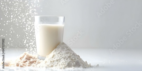 Fresh milk and protein powder in a glass on white background. Concept Milk, Protein Powder, Glass, White Background, Healthy Drink