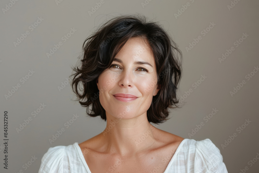 A close up portrait of a woman with a subtle smile A close up portrait of a woman with a subtle smile