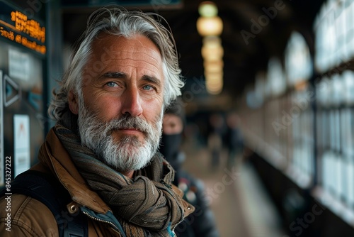 A charismatic silver-haired man smiling warmly in a busy train station setting