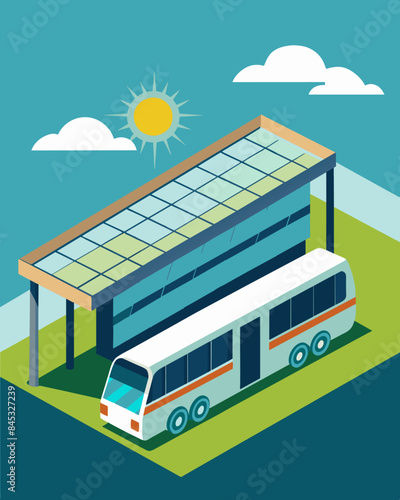 The sleek modern design of the bus depot seamlessly incorporates solar panels on the walls and roof creating a sustainable and futuristic look.. Vector illustration