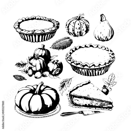 Outline drawing of pumpkin pie on white background. Autumn Thanksgiving food. Vector illustration. Perfect for autumn menu, coloring book, greeting card