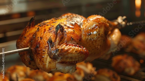 Close-up of a rotisserie chicken, roasting to perfection over an open flame, golden skin and mouth-watering juices, smoky aroma