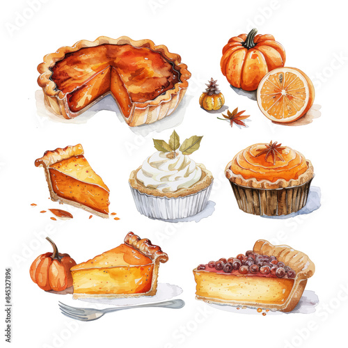 Collection of pumpkin spice seasonal flavored products, food and drinks isolated on white background. Bundle of autumn delicious sweet desserts or pastry. Modern colorful vector illustration.
