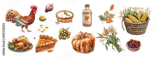Different food for Thanksgiving dinner vector illustrations set. Top view of plates with different meals, baked turkey, pies, corn isolated on white background.