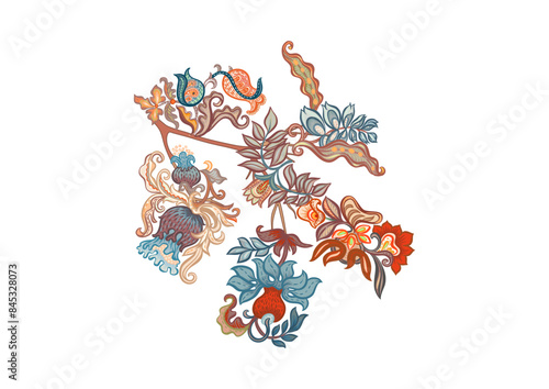 Fantasy, alien flowers, decorative flowers and leaves. Cartoon style. Millefleurs trendy floral design. Clip art, set of elements for design Vector illustration.