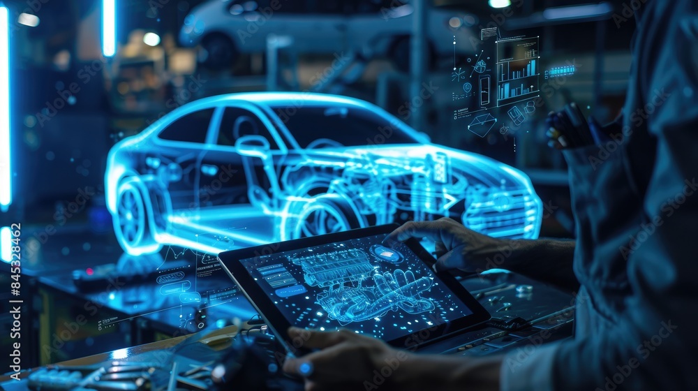 Automotive engineer uses digital tablet with Augmented Reality for Car Design. Futuristic industrial revolution. Generative AI.