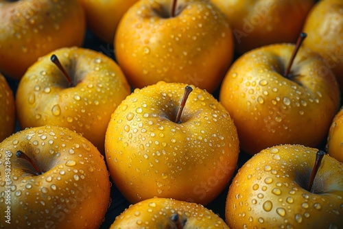 Freshly washed yellow apples covered in water droplets, in a close-up shot