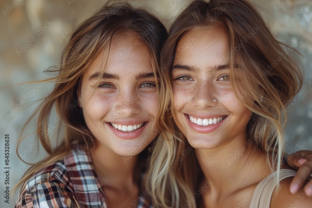 Obraz premium Two young friends with sun-kissed smiles posing casually, exuding warmth and happiness