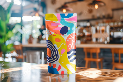 Fototapeta Naklejka Na Ścianę i Meble -  abstract colourful packing bag doypack with coffee, tea or spices on the kitchen table with a blurred kitchen background. Stand Up Pouch, product packaging, 