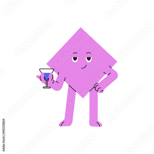 Happy geometric shape stands with glass of drink, beverage in hand. Positive rhombus figure holds alcoholic cocktail and celebrates success. Flat isolated vector illustration on white background