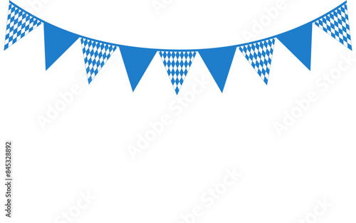 Triangular blue and white flags with blue diamonds on a transparent and white background. Garland of festive flags hanging on a ribbon. Father's Day and Oktoberfest. Vector flat illustration.