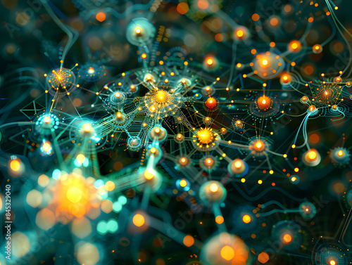 An artistic representation of an AI network with semiconductor pathways connecting various nodes