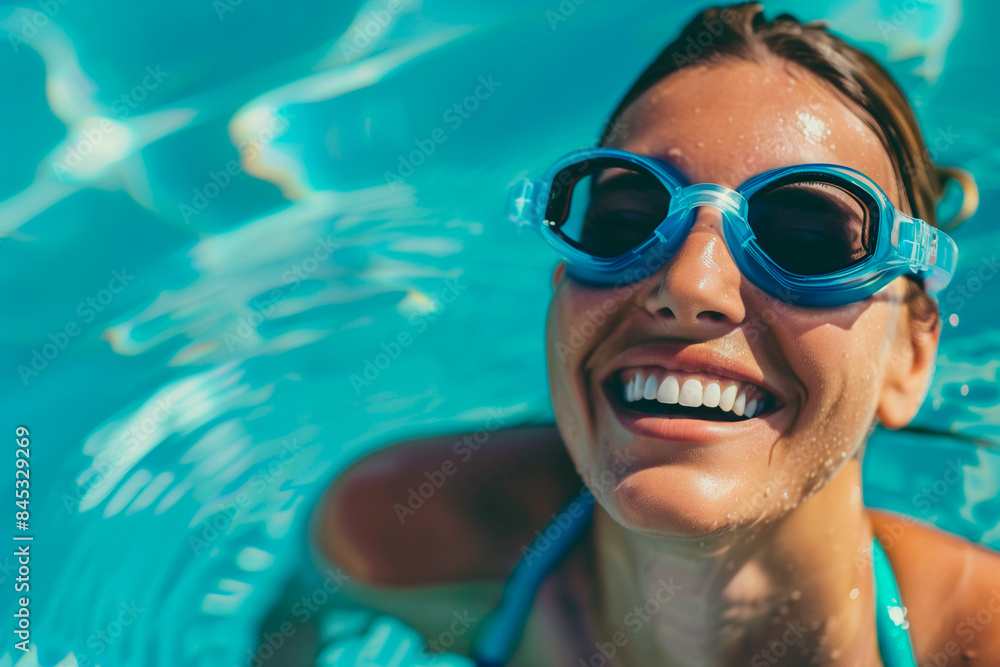 A woman professional swimmer resting on the edge of the pool wearing watersport goggles enjoying the outdoor activities A woman professional swimmer resting on the edge of the pool wearing watersport goggles enjoying the outdoor activities