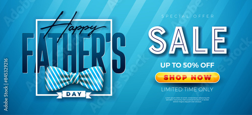 Father's Day Sale Promotional Business Illustration with Bow Tie and Typography Letter on Blue Background. Vector Special Holiday Offer Illustration for Best Dad. Template for Coupon, Voucher, Banner