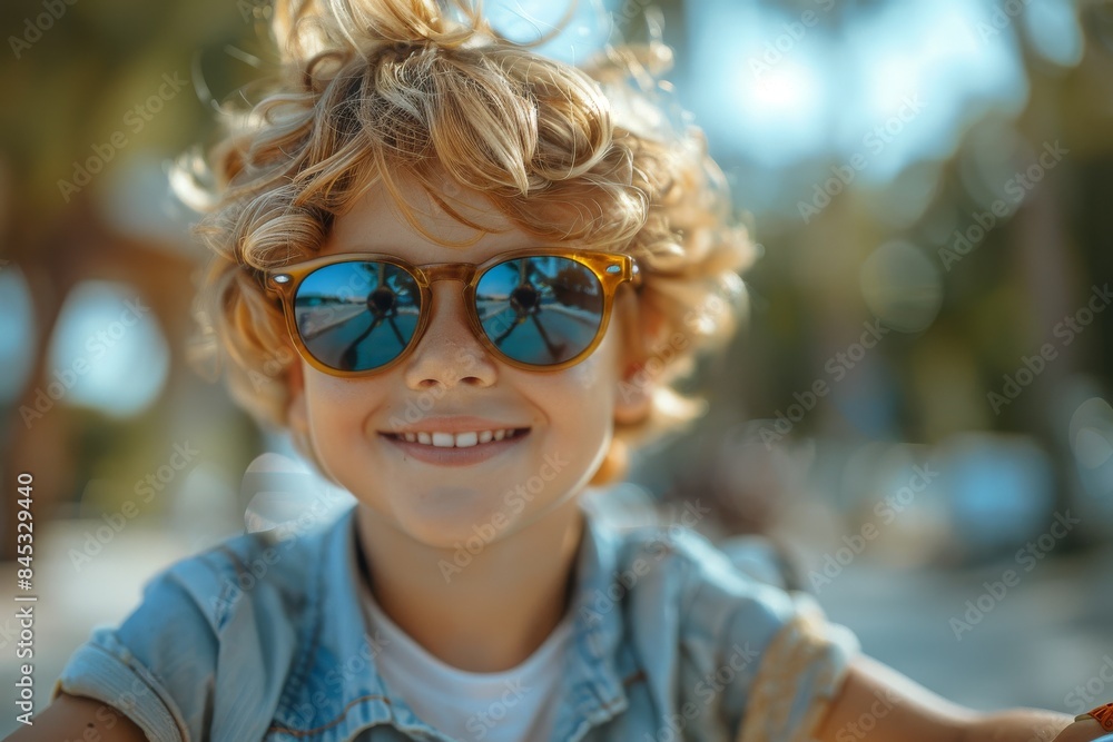 A curly-haired child in a denim outfit reaches out, blurred face not visible A curly-haired child in a denim outfit reaches out, blurred face not visible