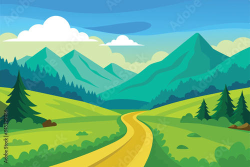 Beautiful summer landscape of a valley with a dirt road through amazing green meadows with trees, fields and hills against a backdrop of stunning mountains and blue skies vector illustration