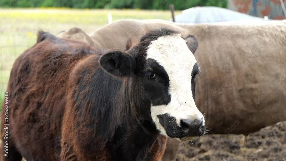 Close Up of Cow with Black and White Face Looking Around in a Pasture on a Homestead Farm in Ohio Close Up of Cow with Black and White Face Looking Around in a Pasture on a Homestead Farm in Ohio