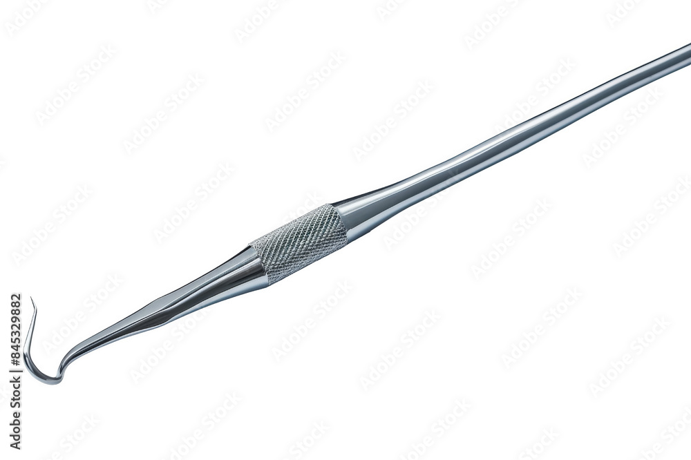 A close-up of a dental instrument with a curved hook at one end. The instrument is made of metal and has a polished finish, isolated on a white background, transparent background. A close-up of a dental instrument with a curved hook at one end. The instrument is made of metal and has a polished finish, isolated on a white background, transparent background.