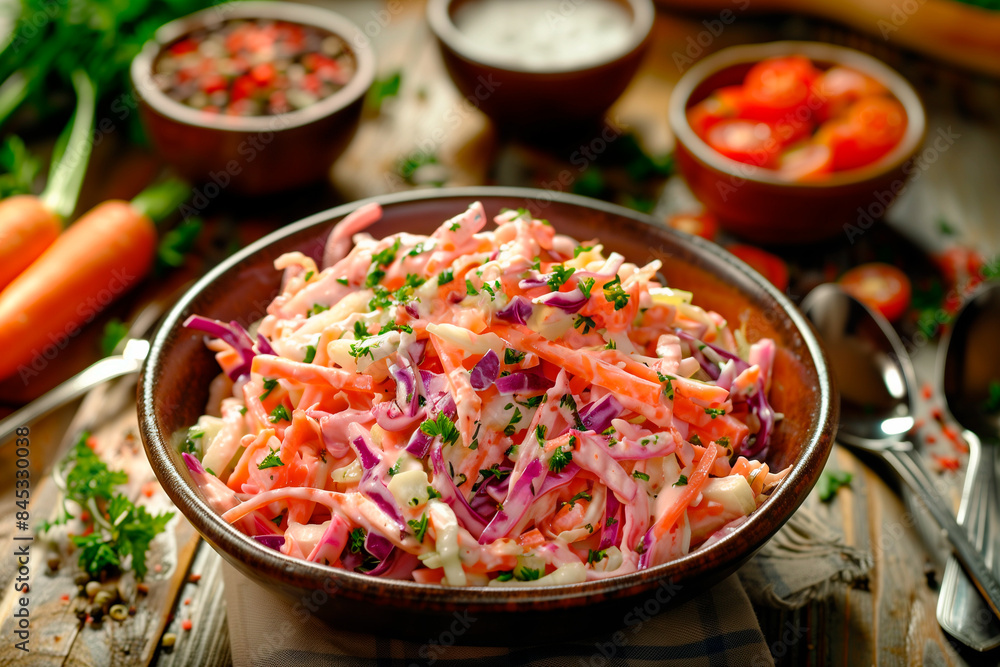 delicious coleslaw salad in a wooden plate