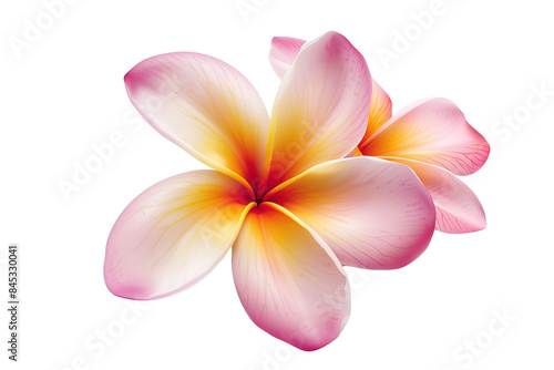Close-up of a delicate pink and yellow plumeria flower with soft petals, isolated on a white background, transparent background.