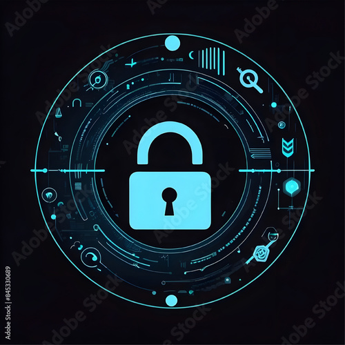 technology lock, cyber security icon, isolated on black background, safe data