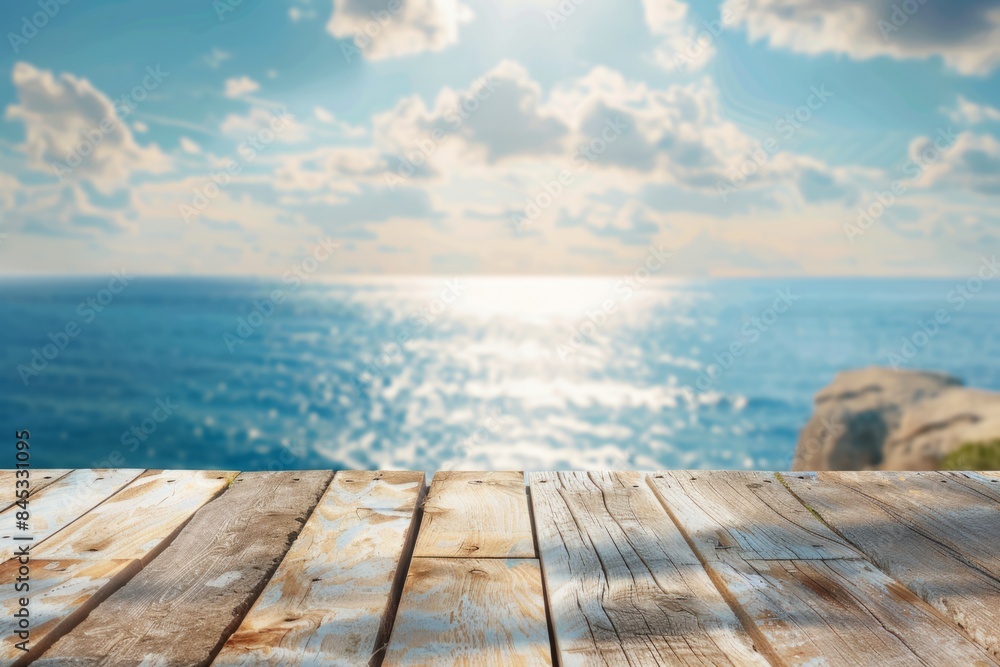 Wooden table with blurred background of sea and sky. Wooden table with blurred background of sea and sky.