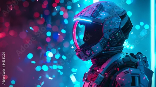 Futuristic cyber warrior navigating through a neon-lit virtual reality world, equipped with advanced armor and weapons glowing with digital energy 