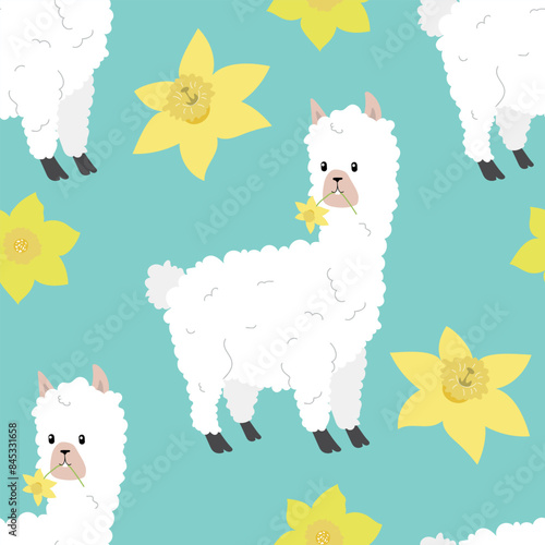 Children’s animals pattern with alpaca. Cute background of cartoon animal with narcissus 