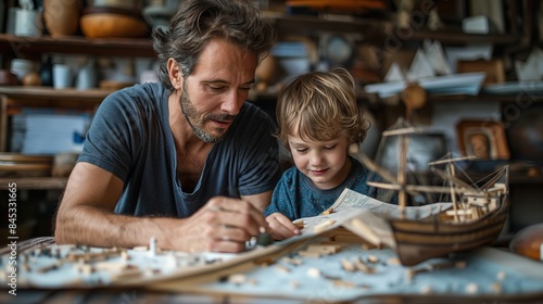 Daddy helps his child build a model  boat