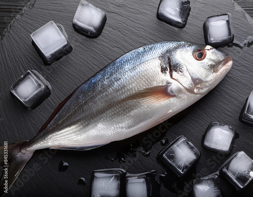 A fresh uncooked sea ​​bream fish laid out on a black table, surrounded by glistening ice cubes to maintain its freshness. photo