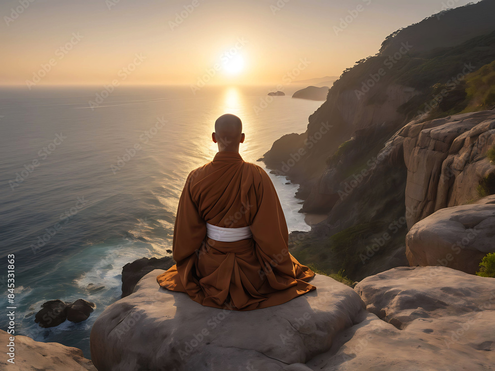 Buddhist monk meditating on a cliff of a mountain, monk sitting on the stone during a beautiful sunset Buddhist monk meditating on a cliff of a mountain, monk sitting on the stone during a beautiful sunset