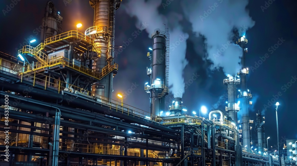 Industrial and Manufacturing Engineers and technicians working in industry refinery or power plant with blurred lights and structures in the background Industrial and Manufacturing Engineers and technicians working in industry refinery or power plant with blurred lights and structures in the background