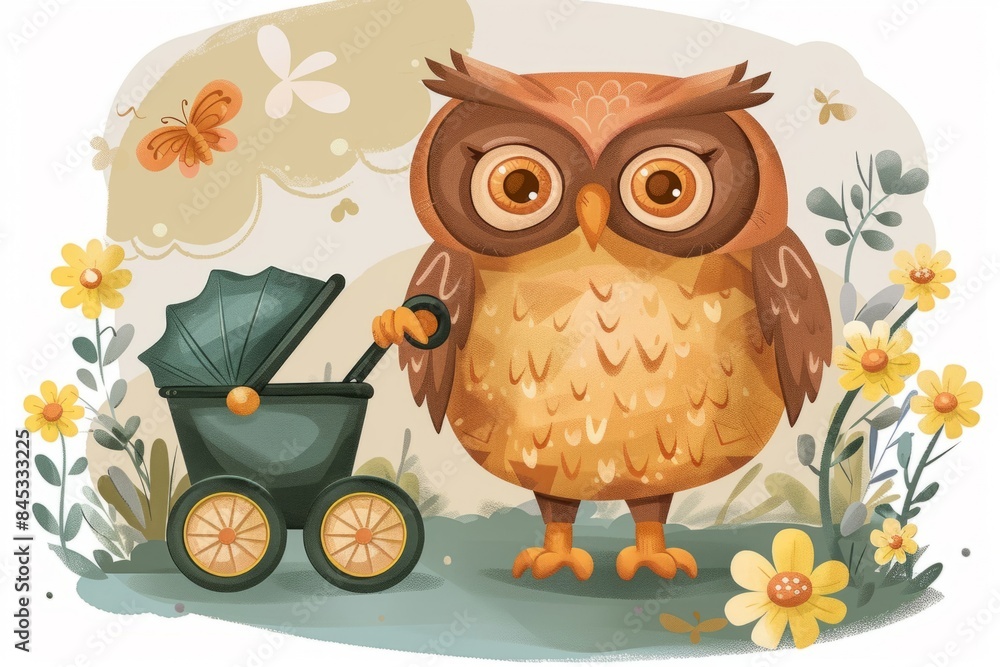 Cartoon mother owl with a stroller Cartoon mother owl with a stroller