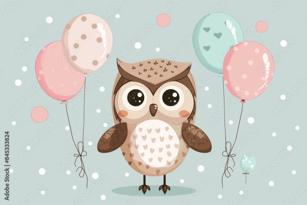 Cute cartoon owl with balloons greeting card Cute cartoon owl with balloons greeting card