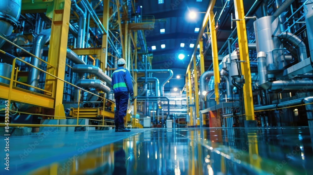 Industrial and Manufacturing Engineers and technicians working in industry refinery or power plant with blurred lights and structures in the background Industrial and Manufacturing Engineers and technicians working in industry refinery or power plant with blurred lights and structures in the background