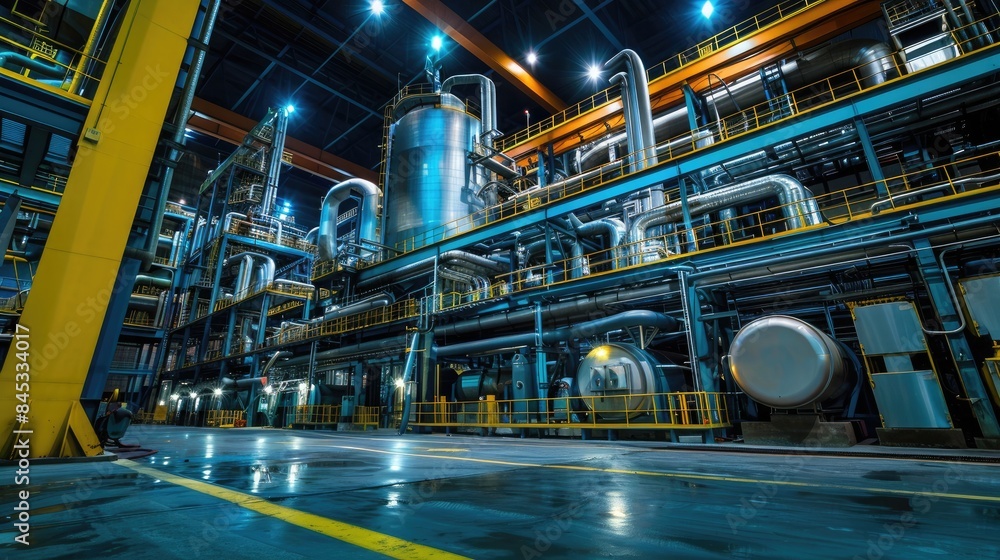 Obraz premium Industrial and Manufacturing Engineers and technicians working in industry refinery or power plant with blurred lights and structures in the background