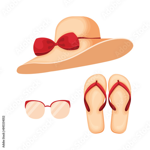 Beach accessories. A set of beach items such as a swimsuit, flip-flops, sunglasses and a beach hat. Clothes for a beach holiday. Vector illustration.