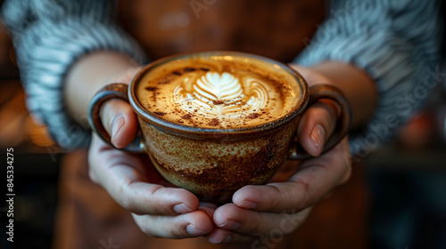 a cup of latte art in hand photo