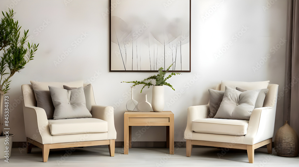 Fototapeta premium The farmhouse interior design of a modern living room features an armchair and sofa near a beige wall with a frame.