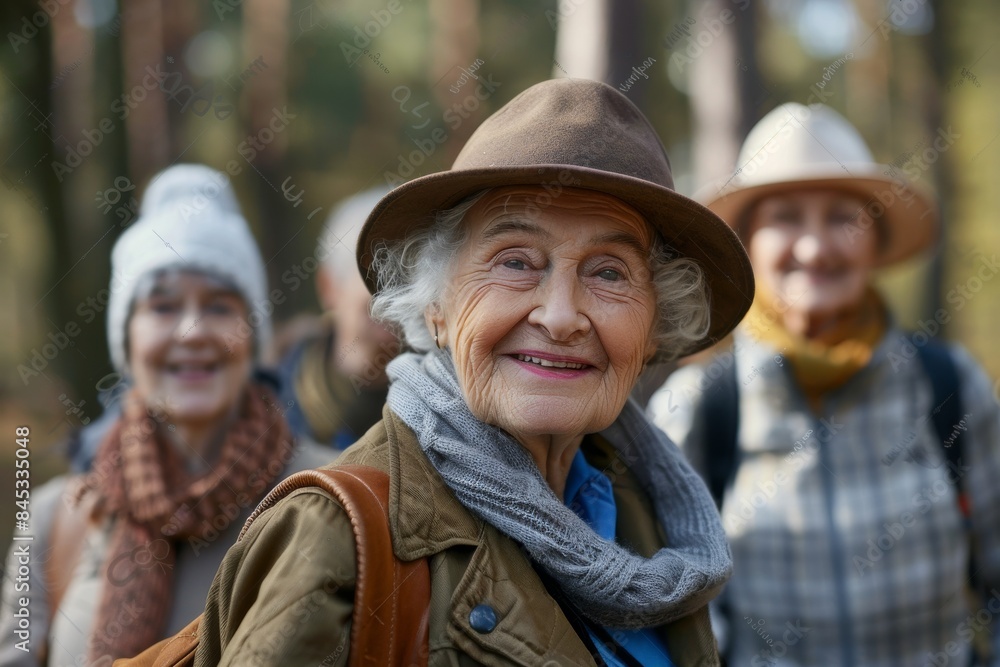 Happy senior woman in hat looking at camera with group of friends in background Happy senior woman in hat looking at camera with group of friends in background
